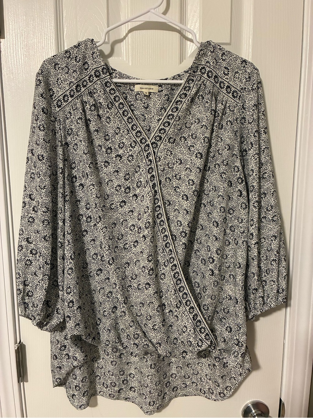 Max Studio Navy and White Floral Wrap-Style Tunic